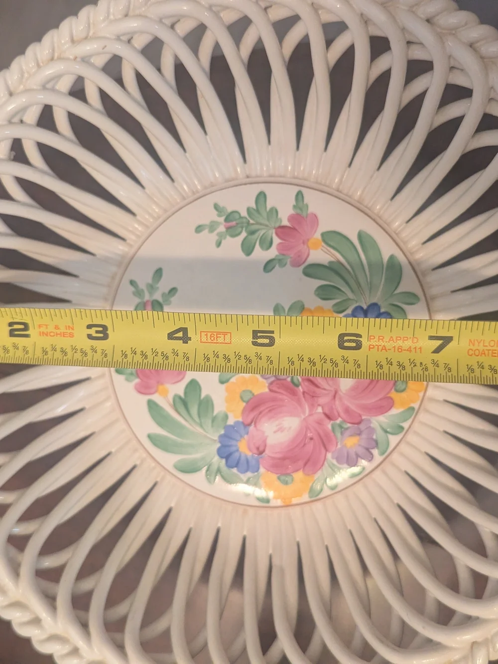 Hand Painted White Ceramic/Porcelain Rope Basket Floral Pattern Glossy 9 in